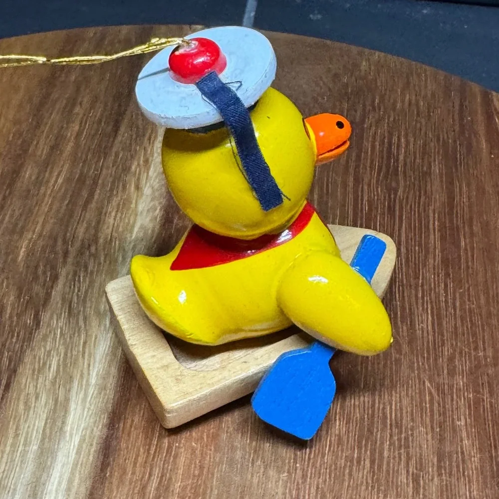 Vintage Wooden Duck Sailor Ornament Rowing Boat Nautical Hand Painted Yellow Oar